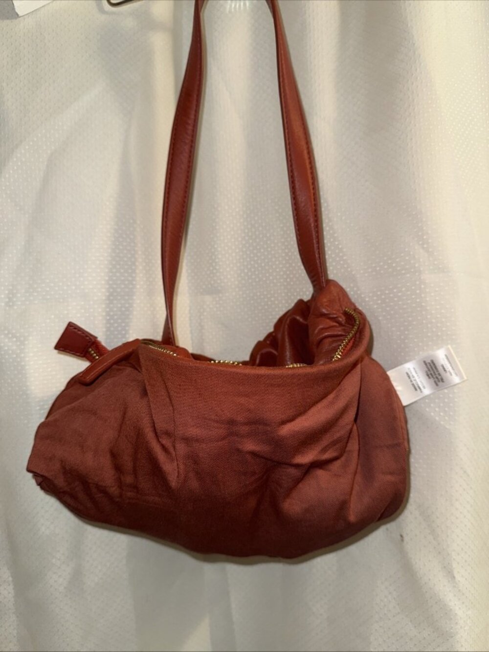 Anthropologie Shoulder Bag Lamb Leather Brown Rust Gathered Runched Gold Zipper - Picture 14 of 16